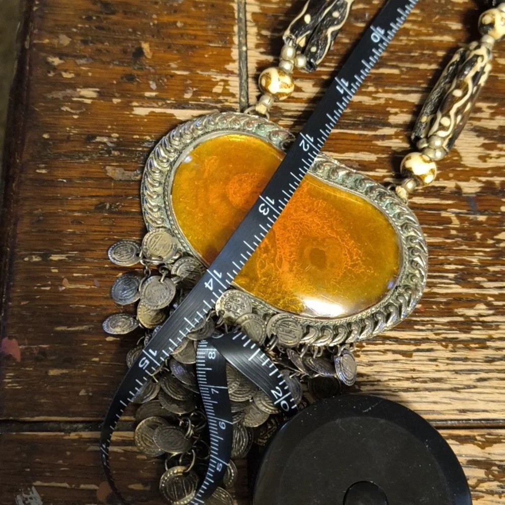 Vintage Amber , Metal Wood Statement Necklace - Picture 10 of 11